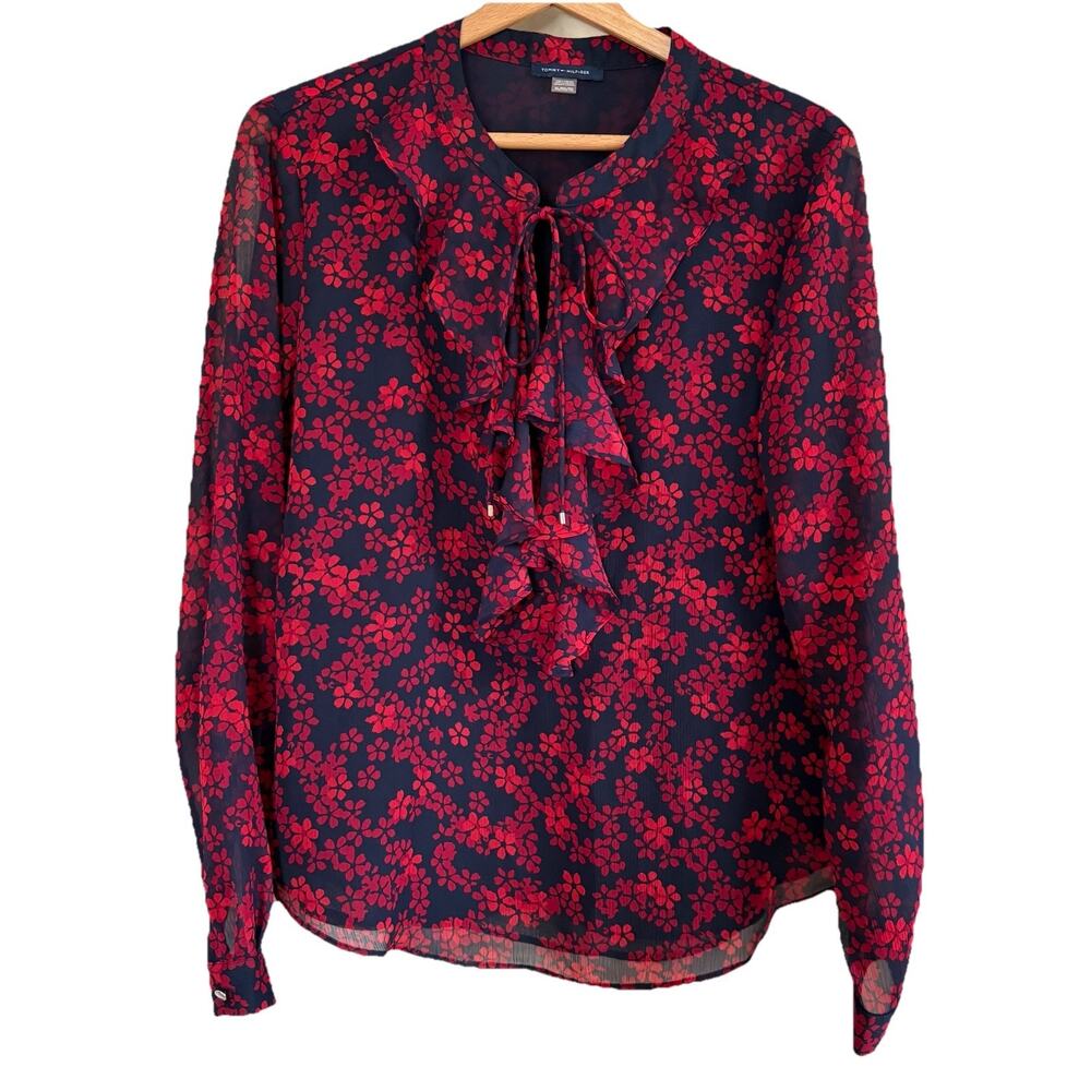 Tommy Hilfiger Ruffled Tie Front Blouse Women’s Size XL Red & Blue Floral